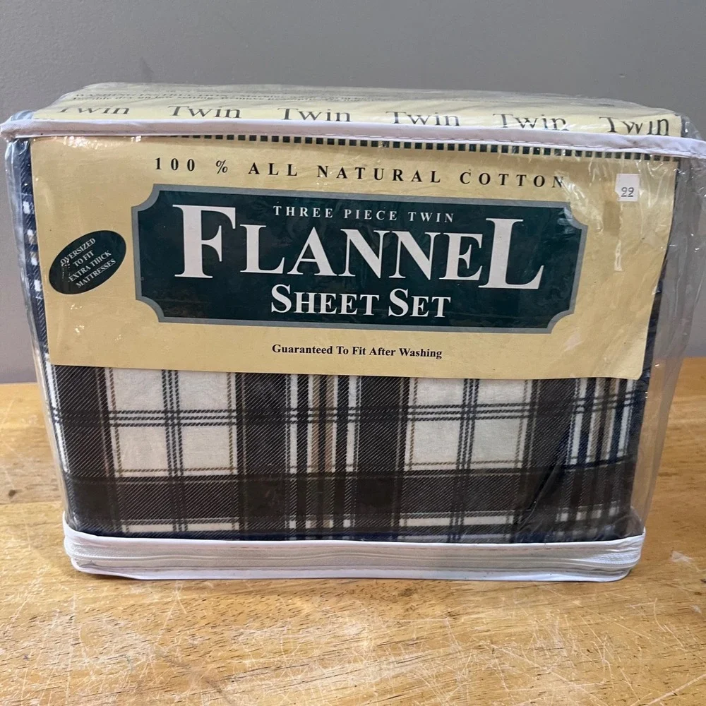 Piedmont Home Textile Vtg Twin Flannel Sheet Set 3pc Plaid Cotton Brown Tan